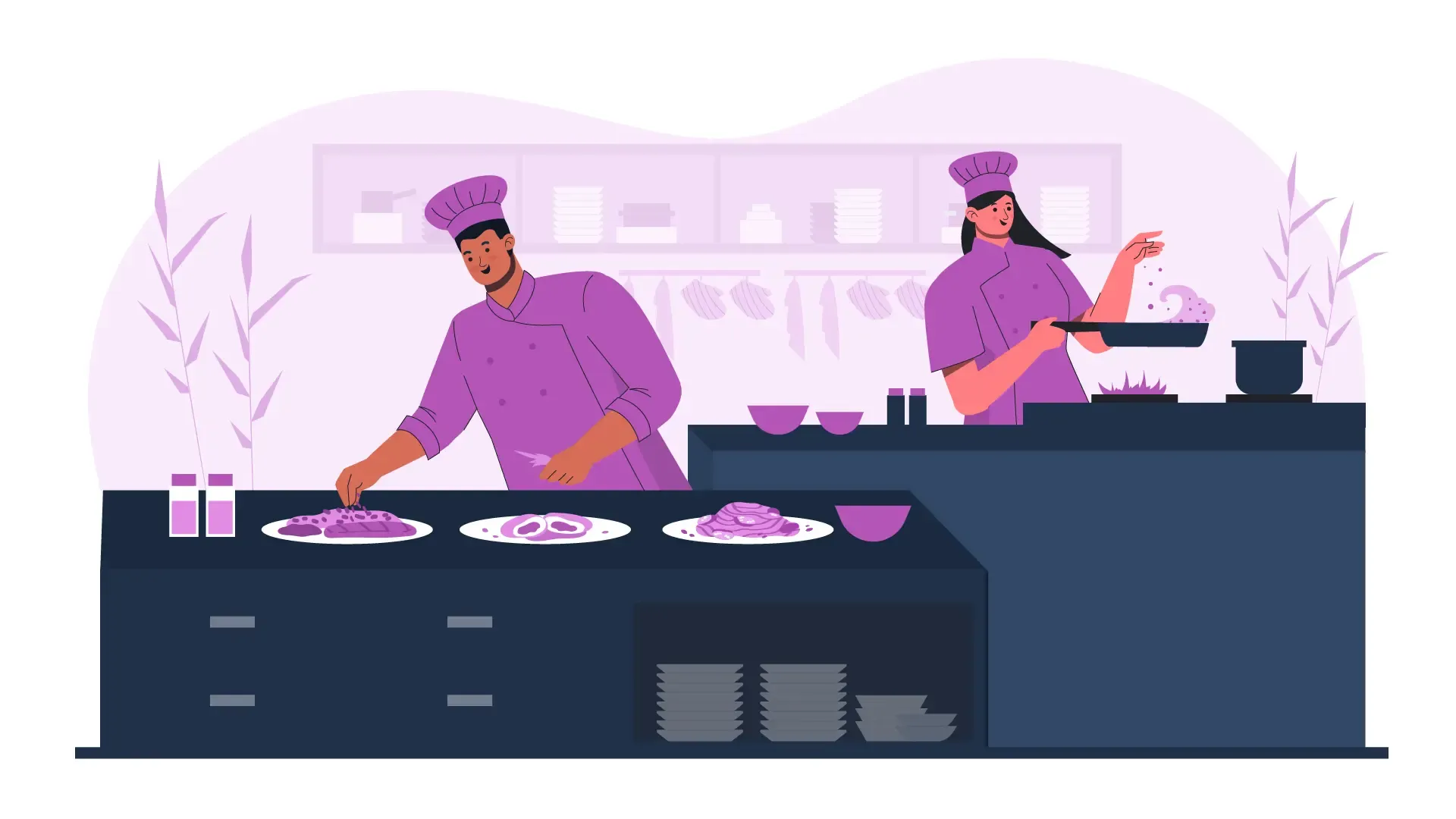 Restaurant Kitchen Scene 2D Vector Illustration of Chefs at Work